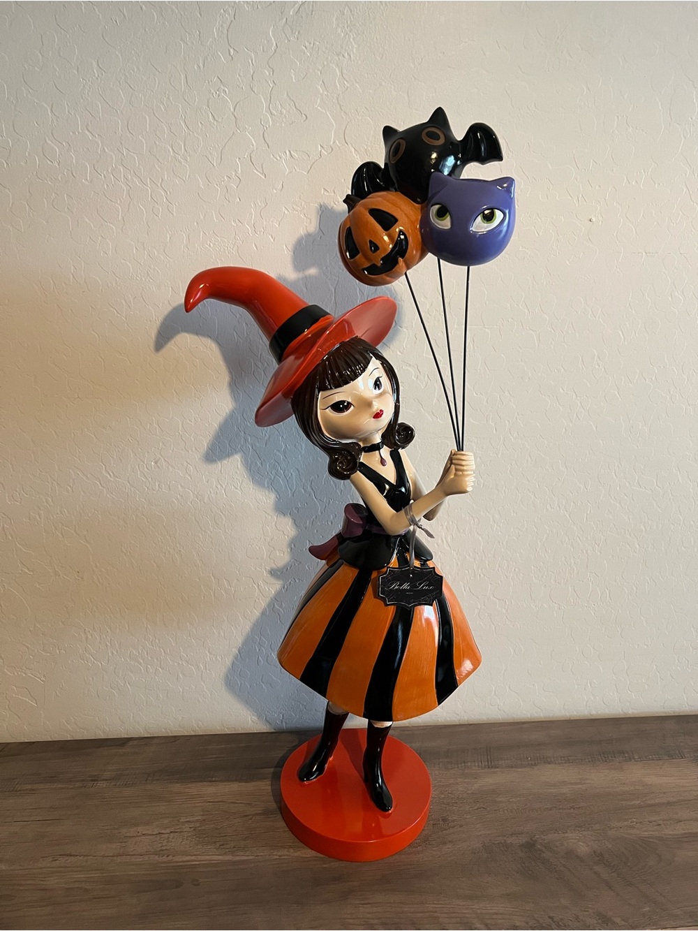 XL Bella Lux Orange & Black Witch Figurine Holding Spooky Halloween Balloons